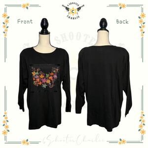 VTG Arriviste Women's Large Black Satin Fall Top Embroidered Colorful Maple Leaf